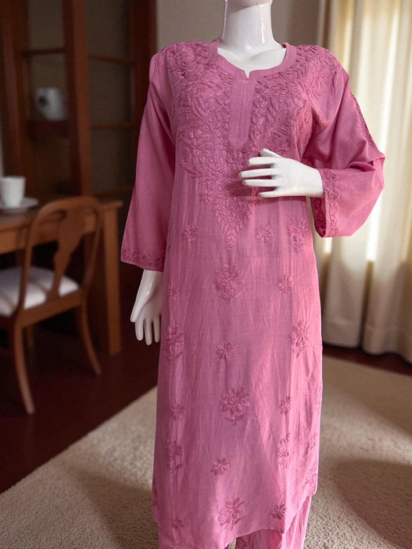 MAUVE PINK  CHANDERI COTTON SUIT WITH CHIKANKARI 011