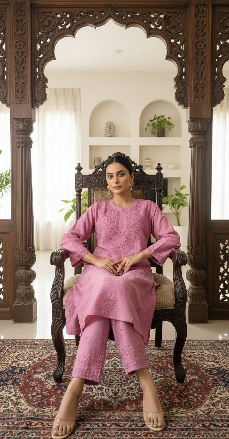 MAUVE PINK  CHANDERI COTTON SUIT WITH CHIKANKARI 011
