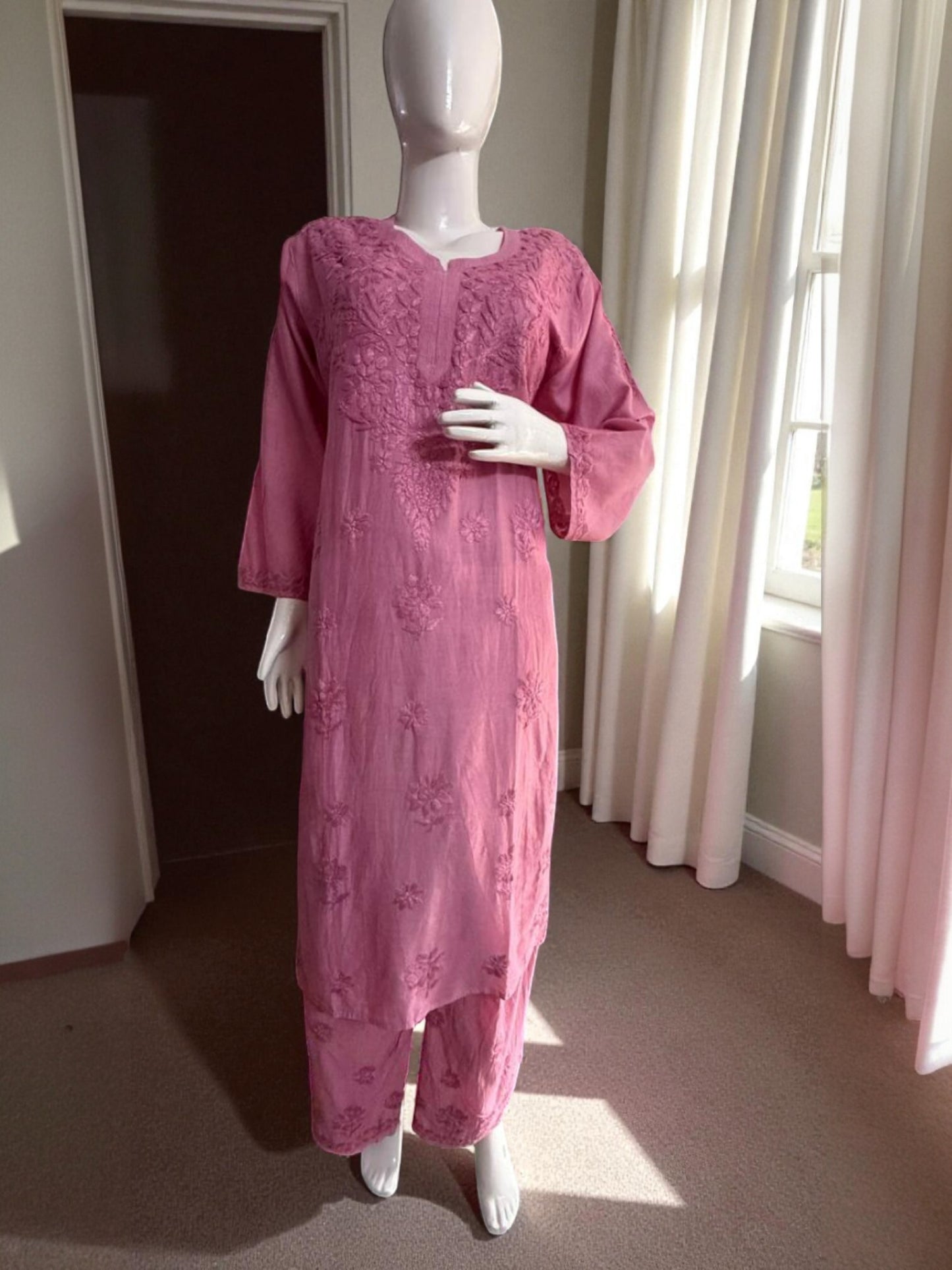 MAUVE PINK  CHANDERI COTTON SUIT WITH CHIKANKARI 011