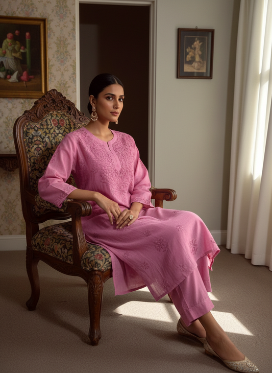 MAUVE PINK  CHANDERI COTTON SUIT WITH CHIKANKARI 011