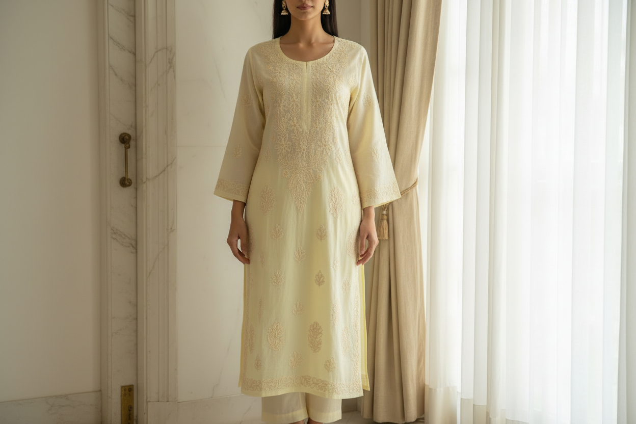 PASTEL CHANDERI COTTON SHADOW WORK CHIKANKARI KURTI (PLUS SIZE)