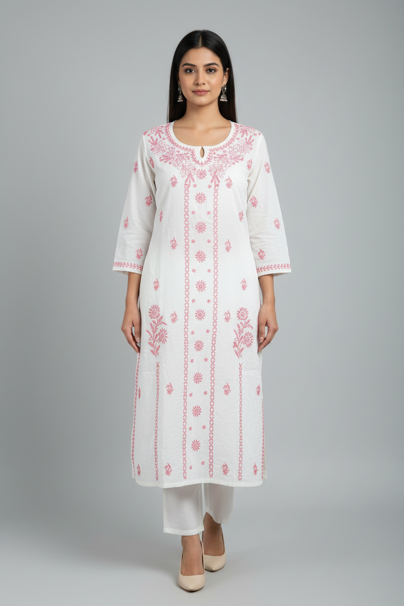 KHADI COTTON CHIKANKARI HAND-EMBROIDERED KURTA