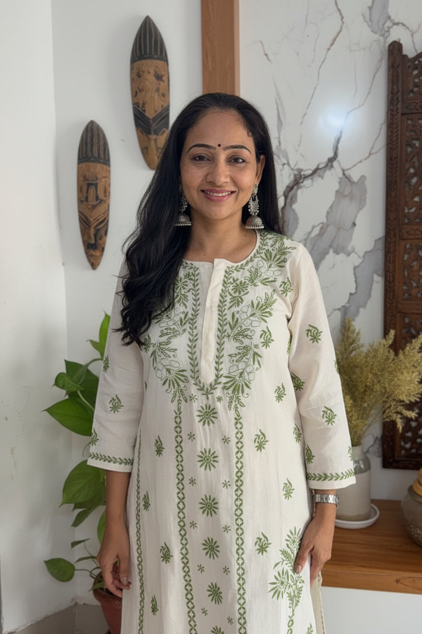 KHADI COTTON CHIKANKARI HAND-EMBROIDERED KURTA