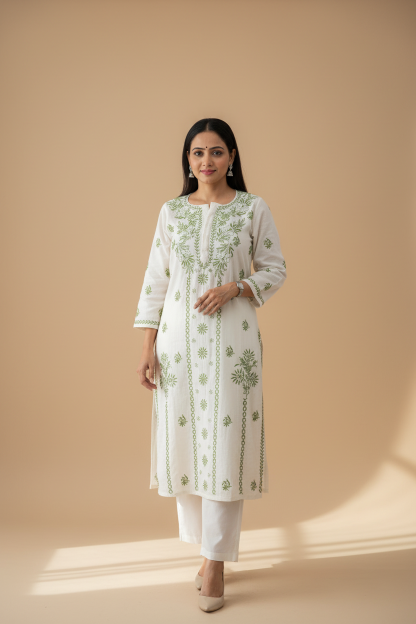 KHADI COTTON CHIKANKARI HAND-EMBROIDERED KURTA