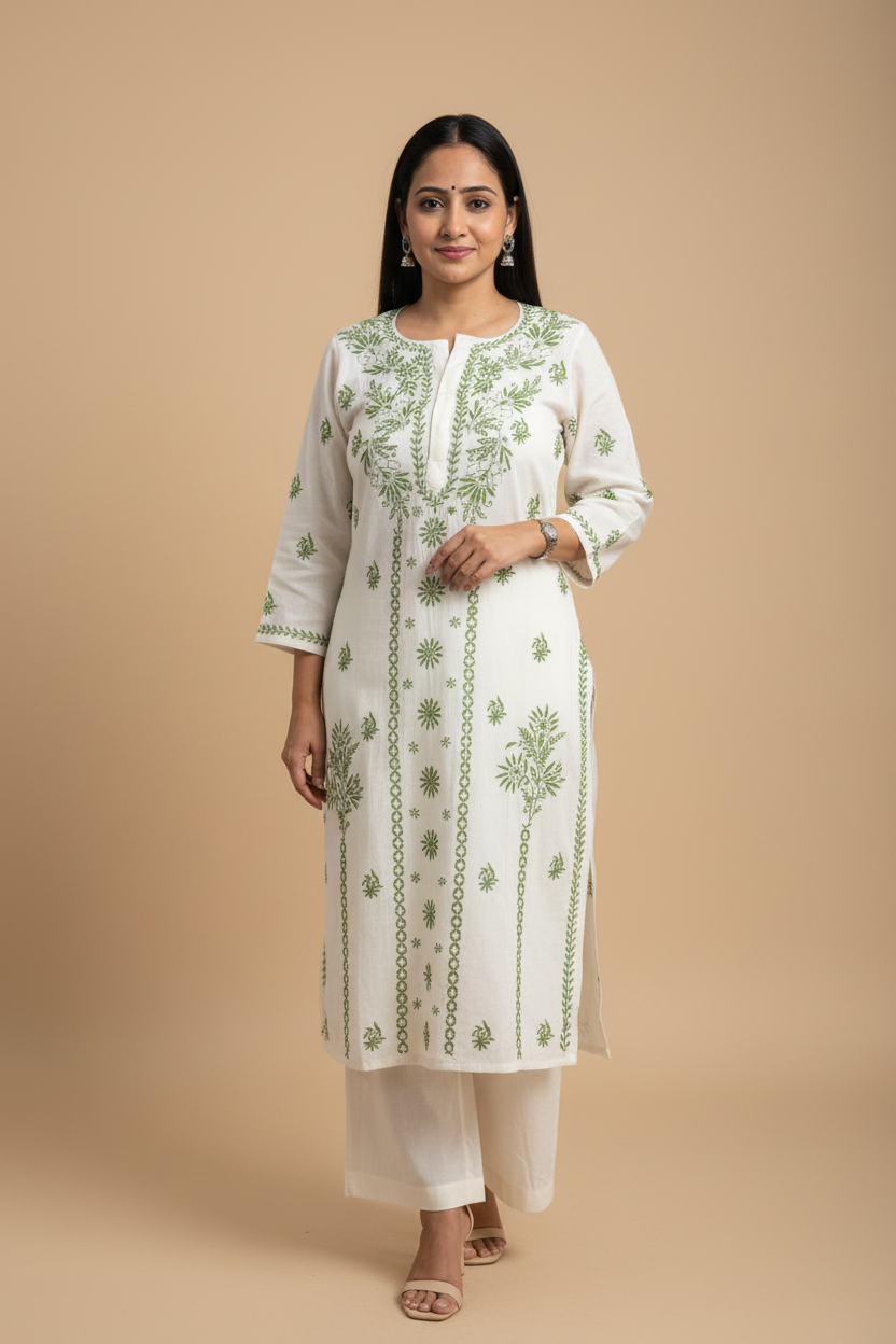 KHADI COTTON CHIKANKARI HAND-EMBROIDERED KURTA