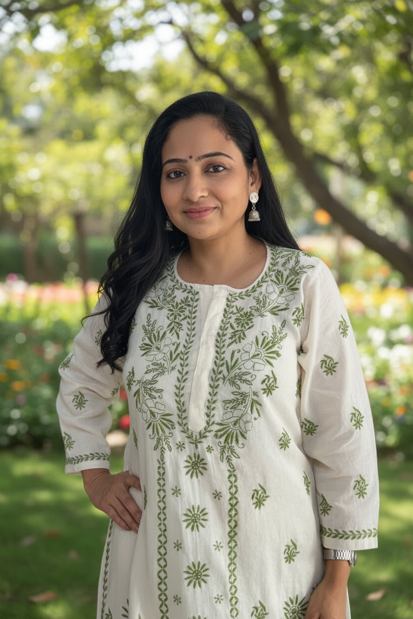 KHADI COTTON CHIKANKARI HAND-EMBROIDERED KURTA