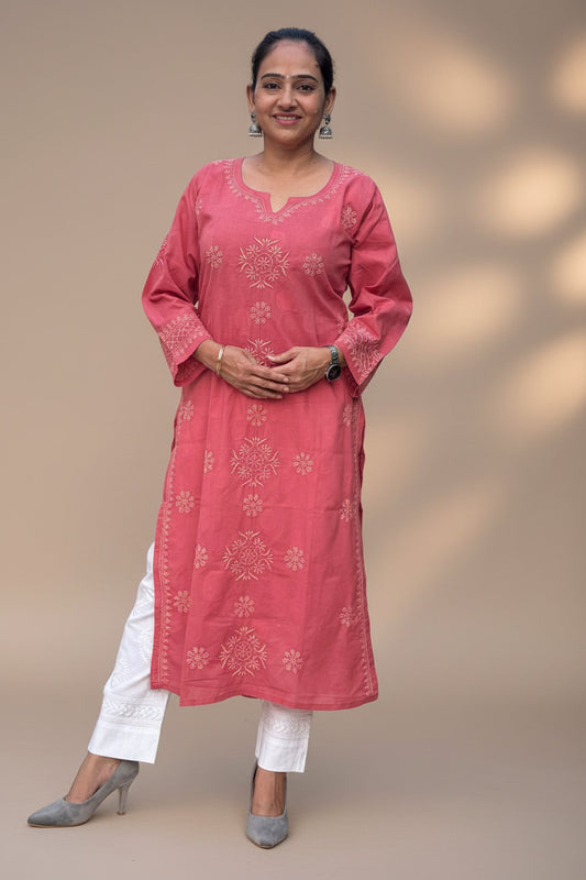 CORAL BLUS COLOR CHIKANKARI STRAIGHT KURTA