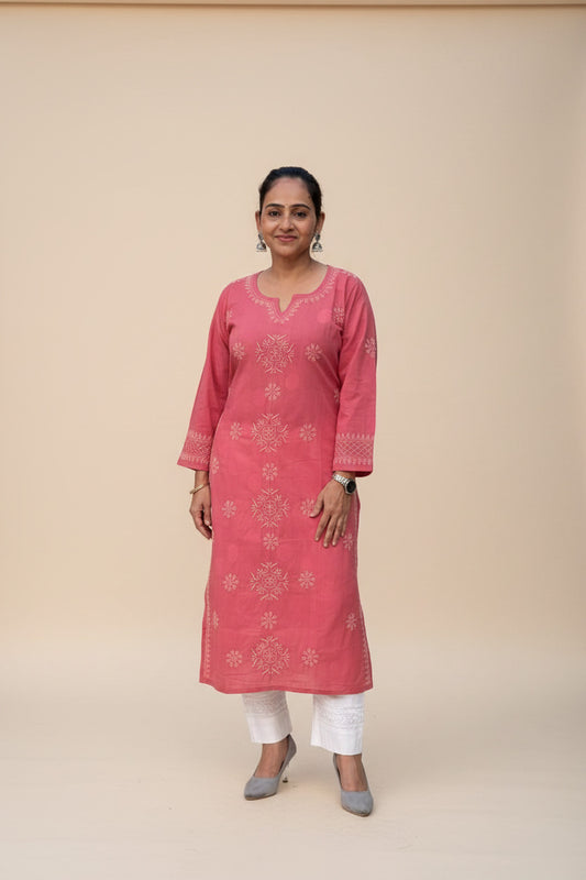 CORAL BLUSH CHIKANKARI STRAIGHT KURTA