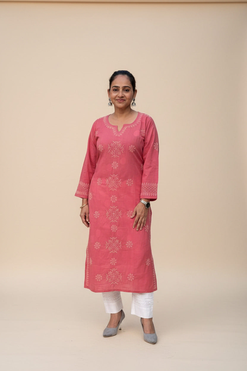 CORAL BLUS COLOR CHIKANKARI STRAIGHT KURTA