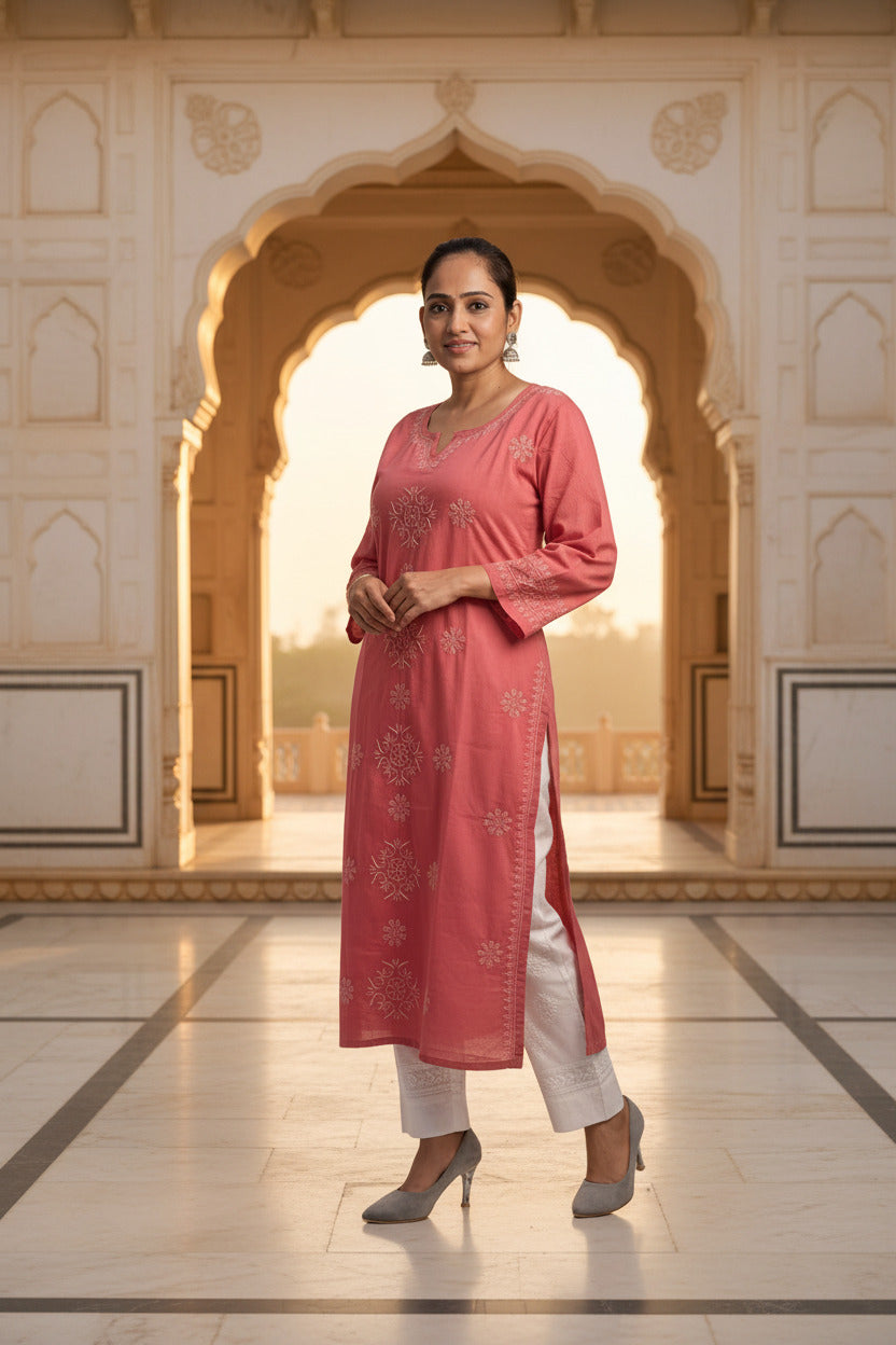 CORAL BLUS COLOR CHIKANKARI STRAIGHT KURTA