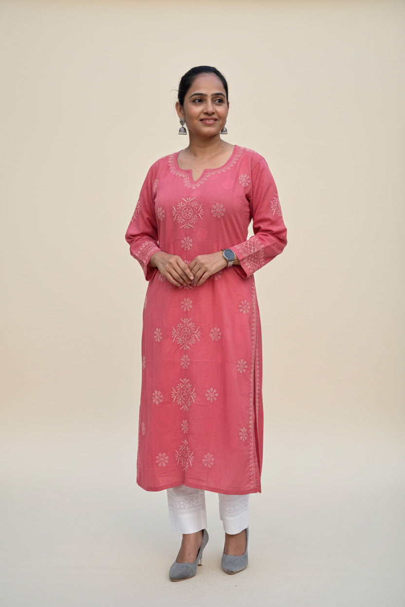 CORAL BLUS COLOR CHIKANKARI STRAIGHT KURTA