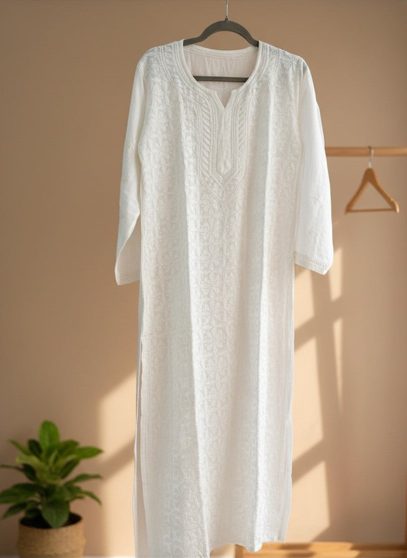 PURE WHITE PREMIUM MUSLIN COTTON CHIKANKARI  KURTA