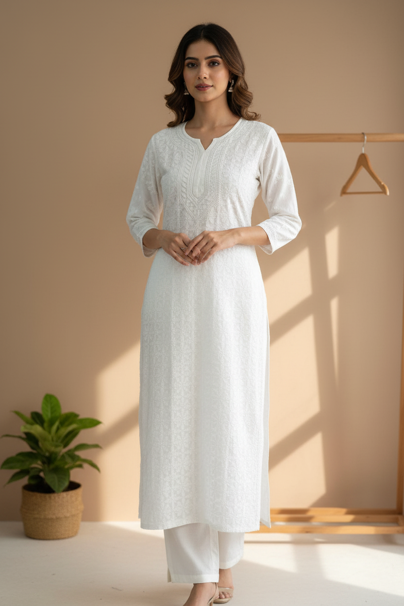 PURE WHITE PREMIUM MUSLIN COTTON CHIKANKARI  KURTA