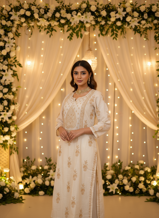 TISSUE COTTON PREMIUM HAND-EMBROIDERED CHIKANKARI KURTA- Golden