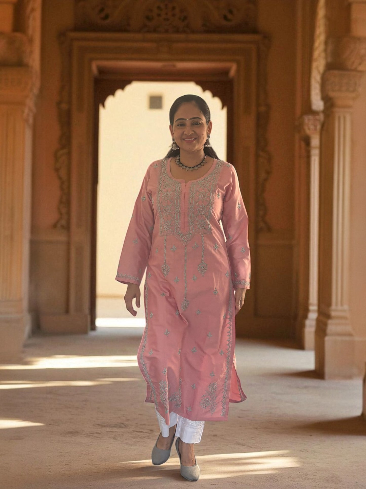 RAJASI PINK HAND-EMBROIDERED CHIKANKARI KURTA