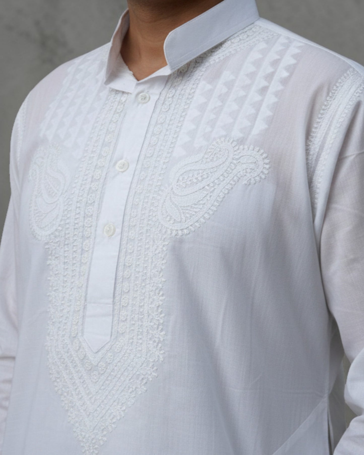 AUTHENTIC LUCKNOWI CHIKANKARI MEN’S KURTA IN PURE WHITE COTTON