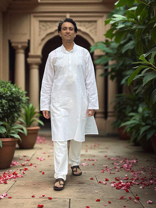 AUTHENTIC LUCKNOWI CHIKANKARI MEN’S KURTA IN PURE WHITE COTTON