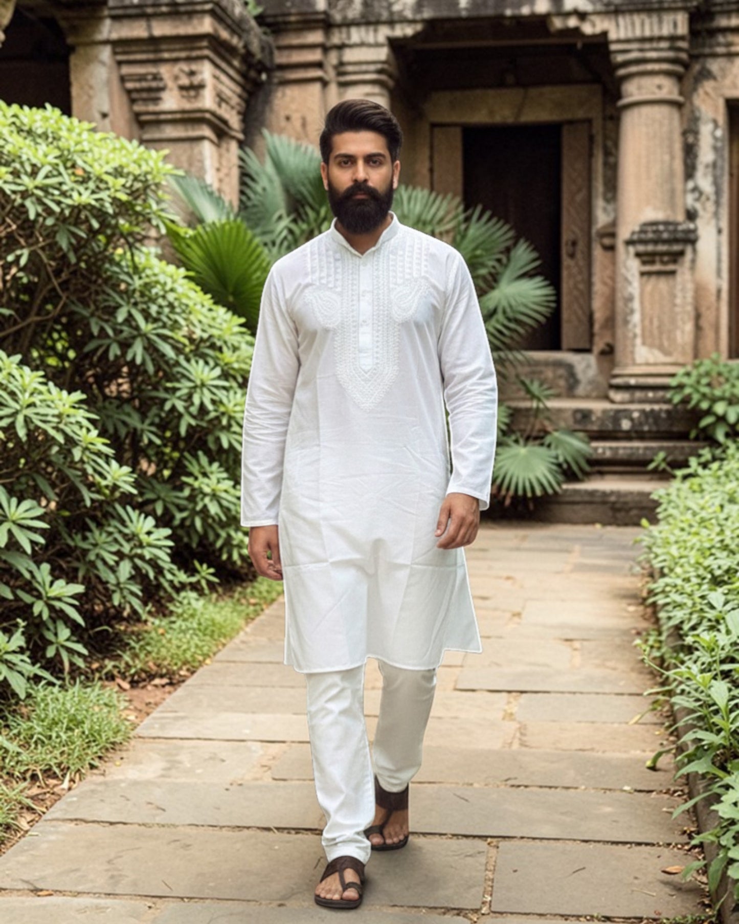 AUTHENTIC LUCKNOWI CHIKANKARI MEN’S KURTA IN PURE WHITE COTTON