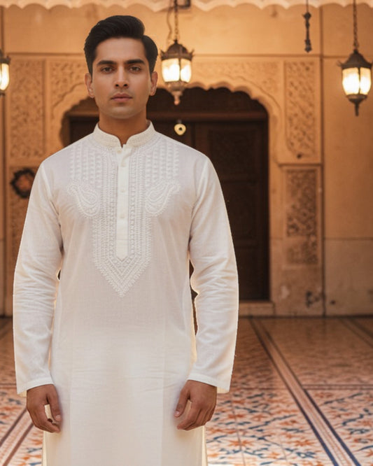 AUTHENTIC LUCKNOWI CHIKANKARI MEN’S KURTA IN PURE WHITE COTTON