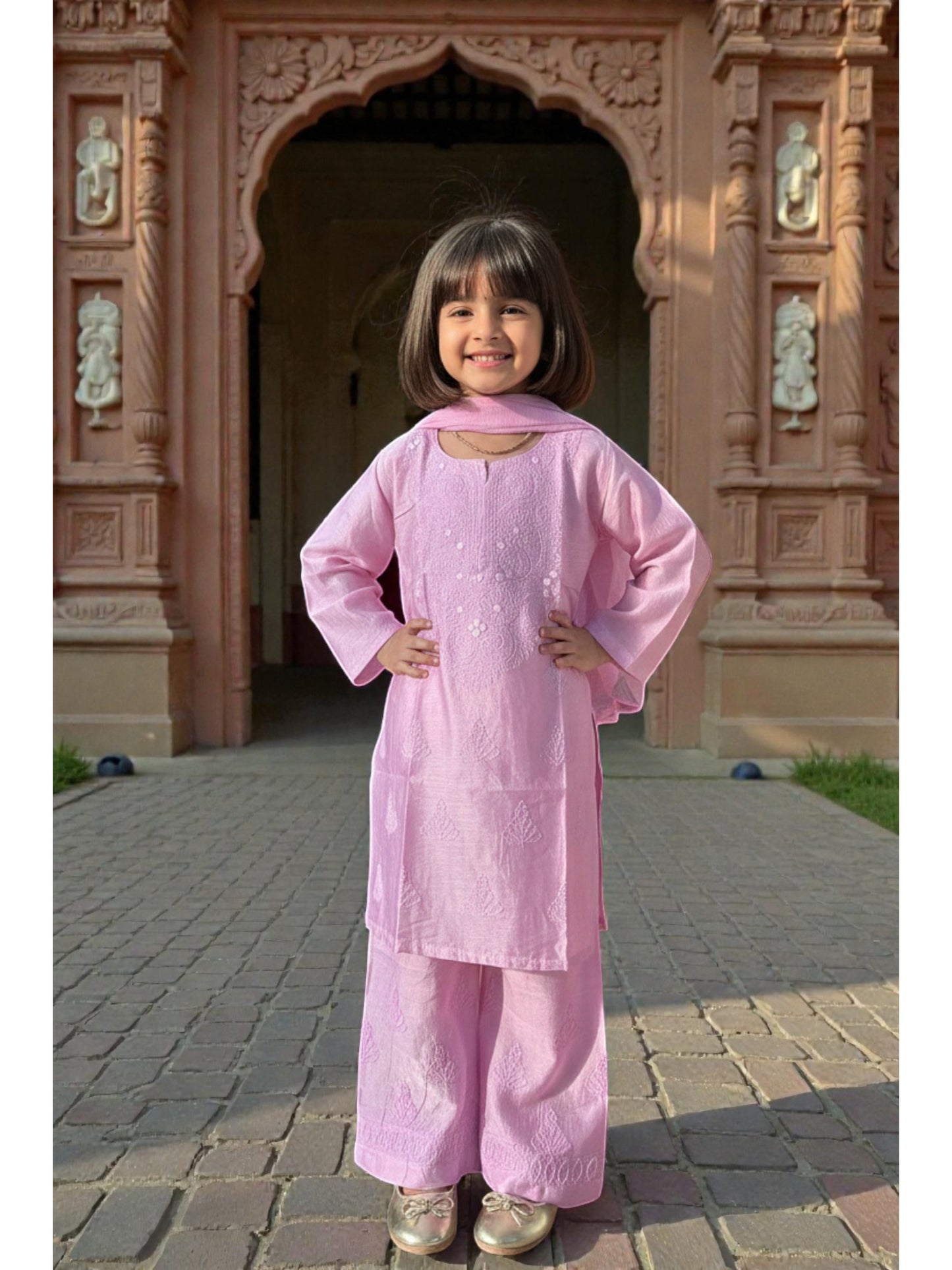 GIRLS CHANDERI SILK CHIKANKARI KURTA SET