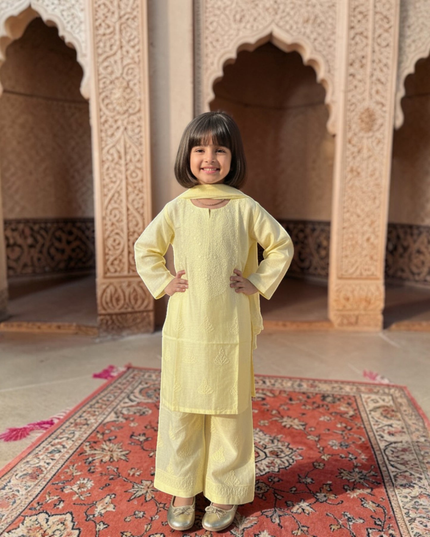 GIRLS CHANDERI SILK CHIKANKARI KURTA SET