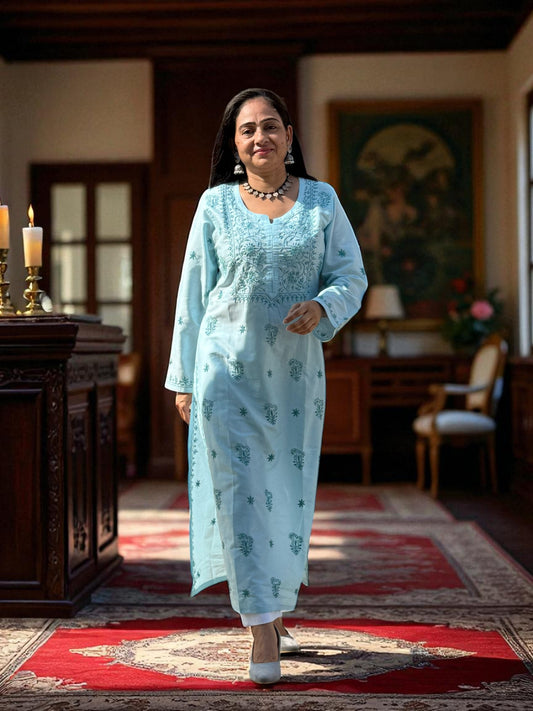 RAJASI AQUA BLUE HAND-EMBROIDERED CHIKANKARI KURTA
