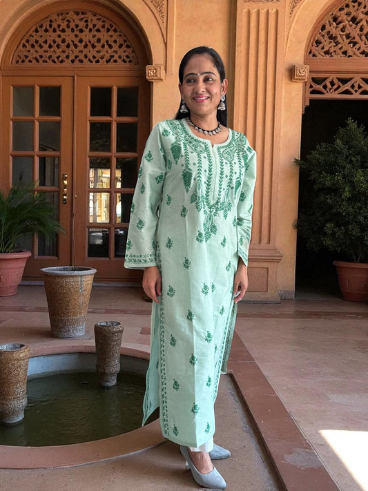 RAJASI PASTEL GREEN HAND-EMBROIDERED CHIKANKARI KURTA