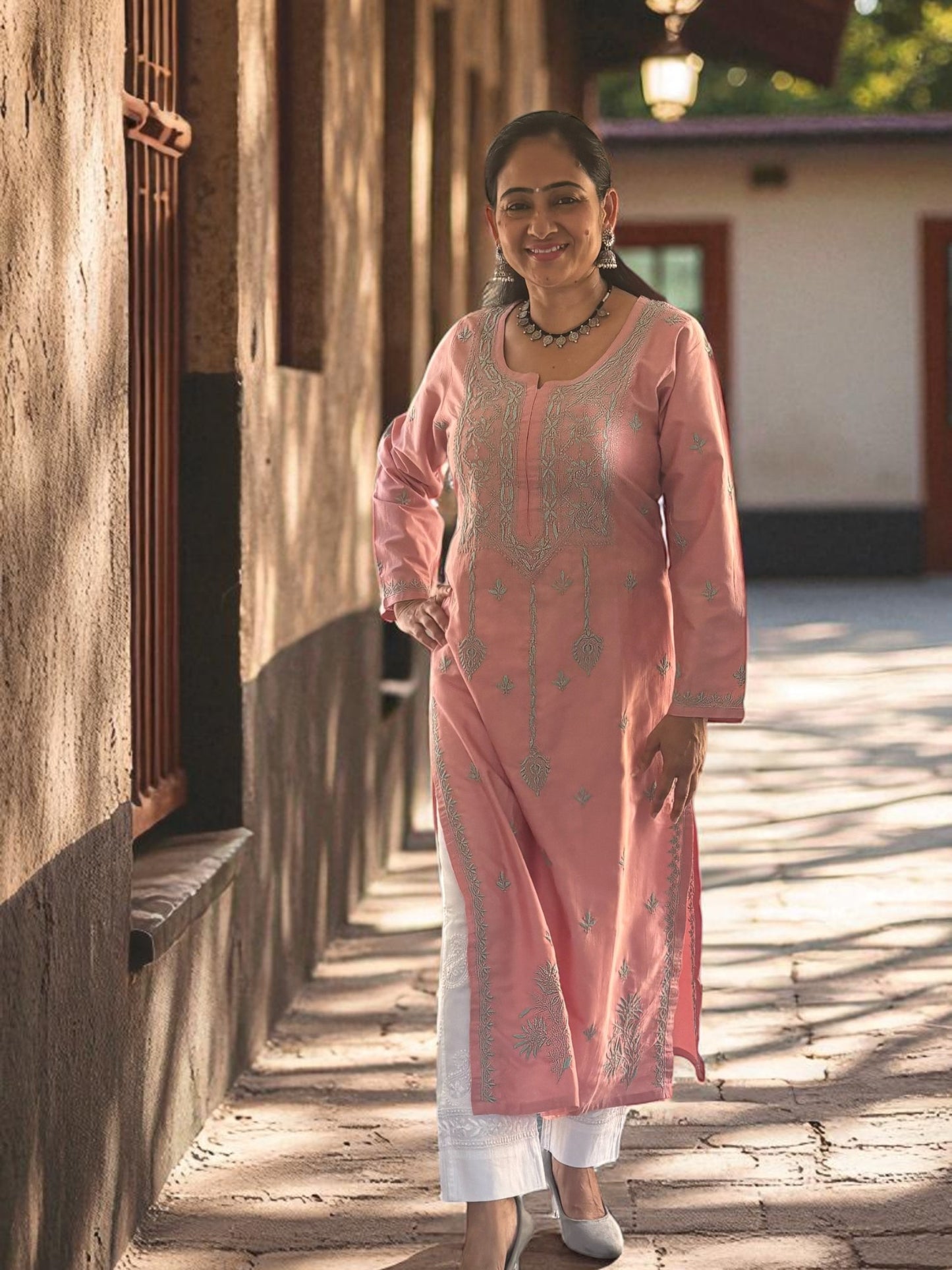 RAJASI PINK HAND-EMBROIDERED CHIKANKARI KURTA