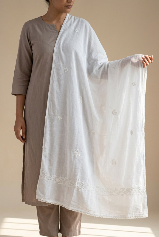 LUCKNOWI MUL COTTON CHIKANKARI DUPATTA