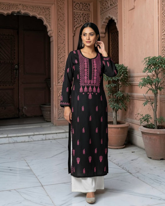 BLACK NOORI STYLE HANDCRAFTED CHIKANKARI STRAIGHT KURTI