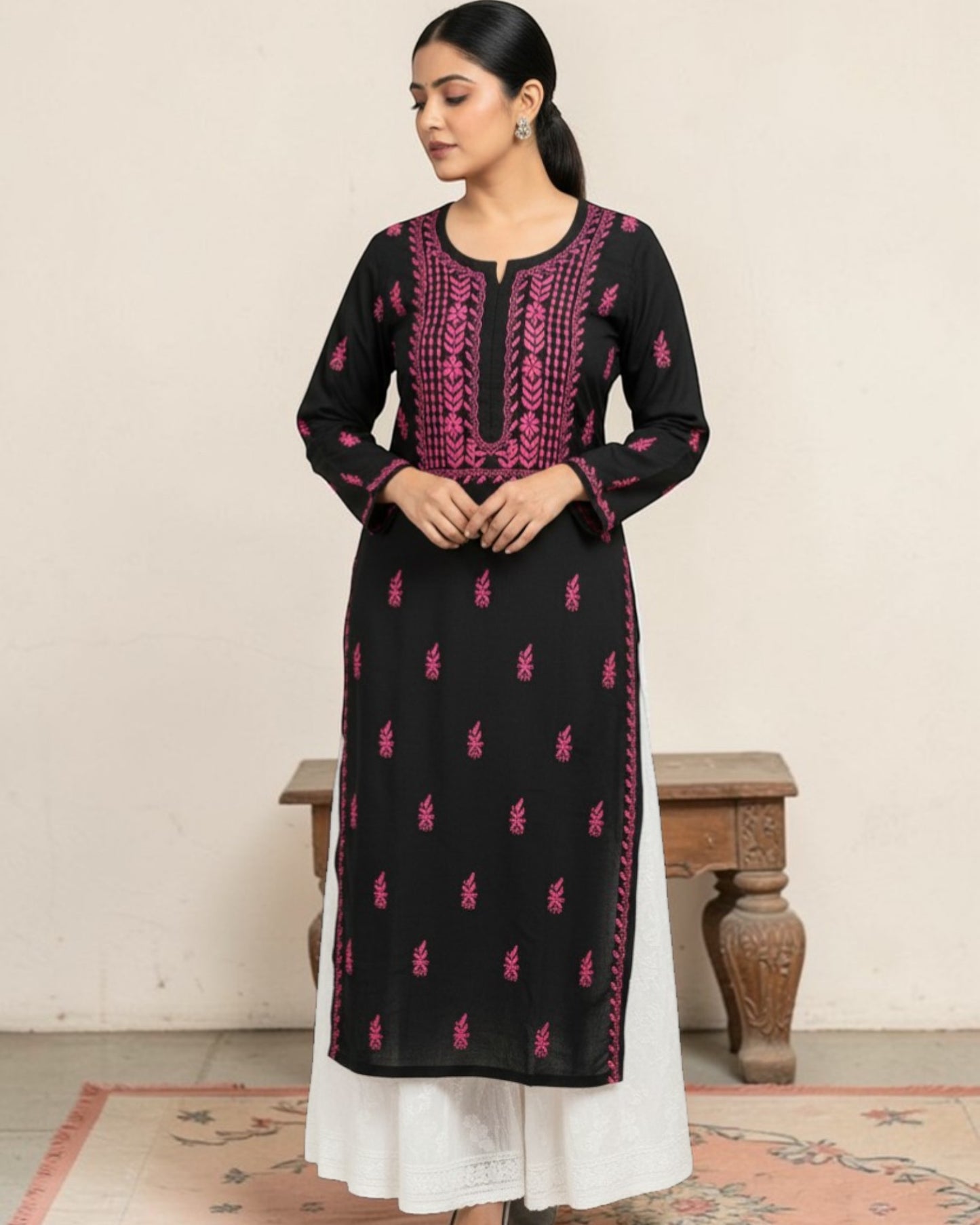 BLACK NOORI STYLE HANDCRAFTED CHIKANKARI STRAIGHT KURTI